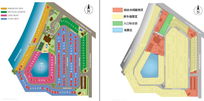 美國 MOTORCOACH RESORT 營地總體規劃(左)及功能分區圖(右) 美國 MOTORCOACH RESORT 營地總體規劃(左)及功能分區圖(右)